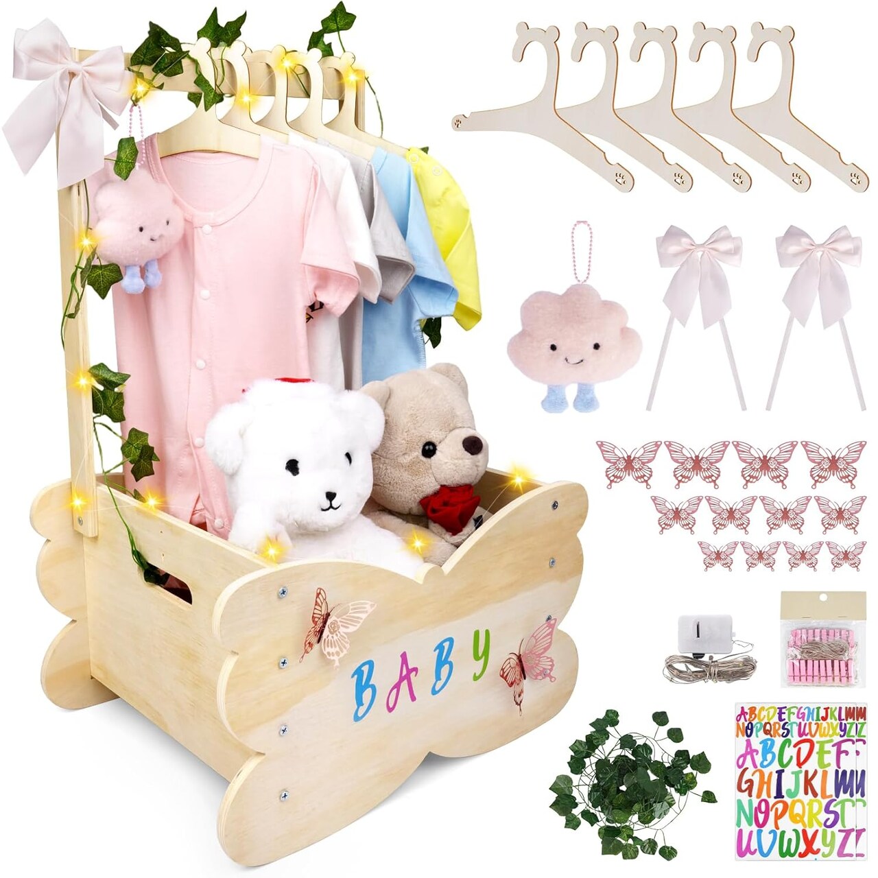 Wooden Baby Shower Crate Closet, Baby Shower Basket with Handle Hangers Butterfly Decoration Personalized Wooden Crate Boys Girls Gifts